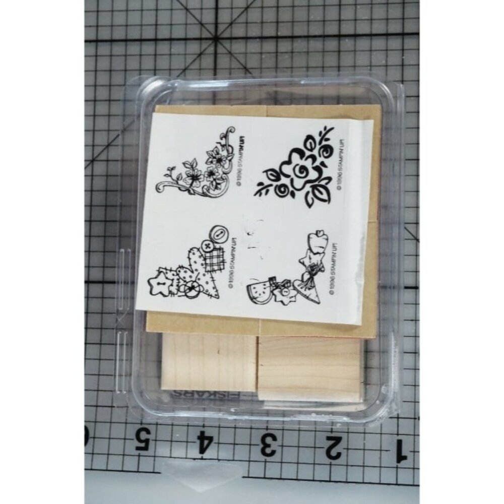 NEW!! 1996 STAMPIN' UP! "Corners Mini" Set of 4 Wood Mounted Rubber Stamps